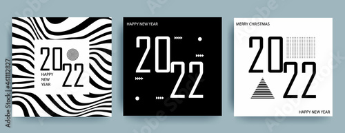 Creative design for New Year 2022 card on modern background. Memphis style poster. Black and white. Vector