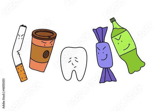 Concept illustration, doodle style. Bad habits for teeth. harmful products. A sad tooth with caries. Angry cup of coffee, cigarette, and sweets