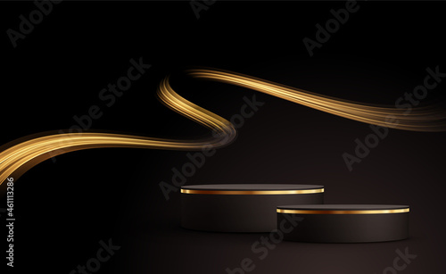 Minimal black scene with golden lines. Cylindrical gold and black podium on a black background. 3D stage for displaying a cosmetic product