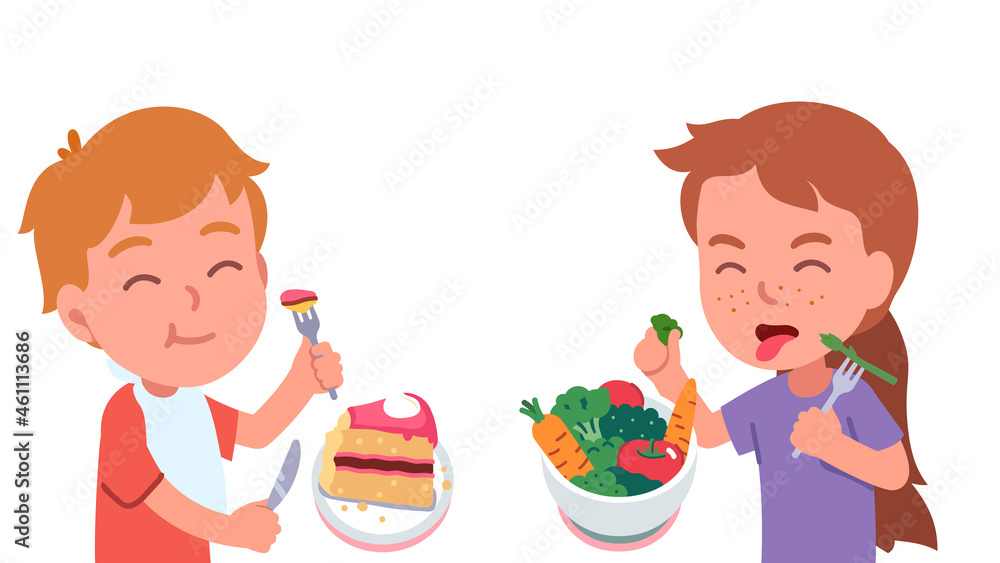Healthy, unhealthy food diet. Kids eating together Healthy, unhealthy food diet. Kids eating together