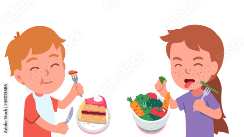 Healthy, unhealthy food diet. Kids eating together