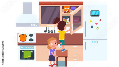 Children taking, stealing hidden sweets in kitchen