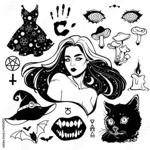 a set of black drawings and silhouettes on a witch theme on a white background