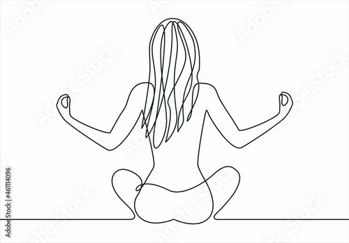 Meditating woman in lotus yoga pose. Continuous one line drawing. Vector illustration.