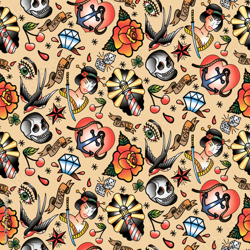 Tattoo Seamless Pattern for party, anniversary, birthday. Design for banner, poster, card, invitation and scrapbook