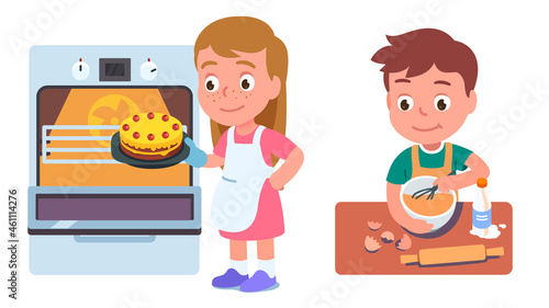 Kids bakers cooking cake or pie in kitchen