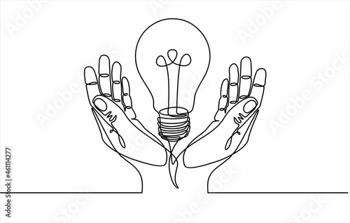 continuous line drawing of human hands holding light bulb, One line art concept of smart idea innovation. Vector illustration