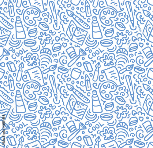 Doodle seamless pattern, utensils for painting