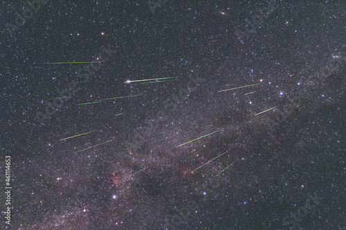 Meteor swarm of Perseids in the night sky with the Milky Way, August 2021