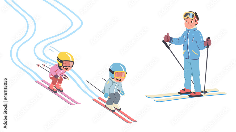 Father, daughter, son kids skiing on snowy slopes