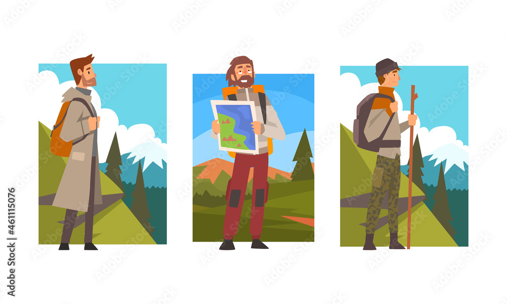 Man Traveller or Explorer with Backpack Standing and Looking Ahead Vector Set