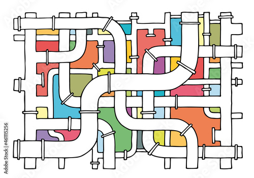 Many pipes of different sizes and diameters are intertwined to form a background, texture, pattern. Hand Drawn. Doodle.	