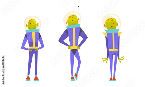 Funny Green Alien Character Wearing Space Suit Standing and Smiling Vector Set