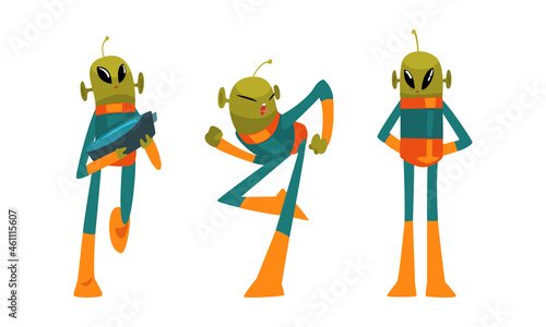 Funny Green Alien Visitor with Antenna Standing and Holding Weapon Vector Set