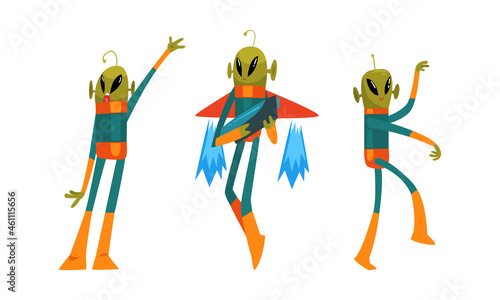 Funny Green Alien Visitor with Antenna Standing and Holding Weapon Vector Set