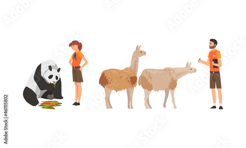 Man and Woman Zookeeper Engaged in Feeding and Daily Care of Animal Vector Set