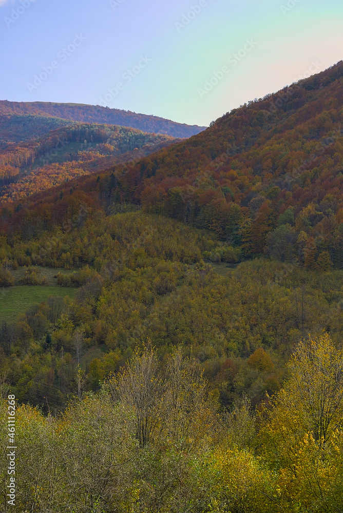 Beautiful landscape of valleys, mountain ranges and forests in autumn. Colorful autumn landscape scene in the Ukrainian Carpathians. Yellowed and reddened trees. Panoramic view.