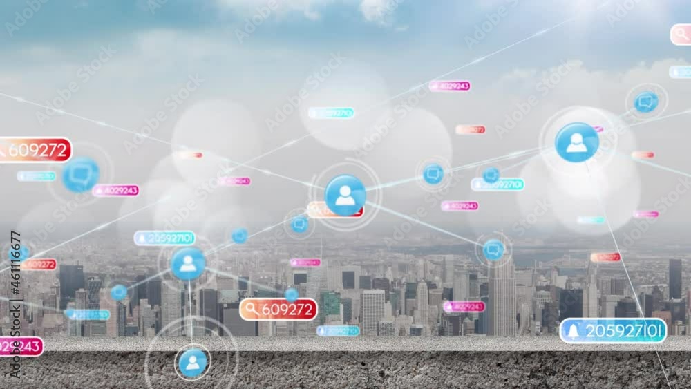 Animation of falling social media icons and emojis over cityscape