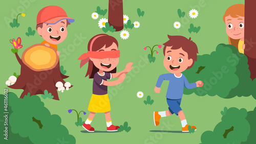 Boys, girls kids playing hide and seek on lawn