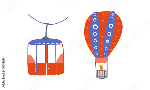 Hot Air Balloon and Funicular as Vehicle for Carrying Passengers Vector Set