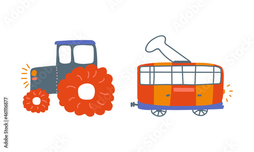 Tractor and Tram as Road Vehicle for Carrying Passengers Vector Set