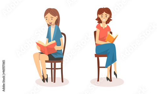 Woman Sitting on Chair and Reading Book Aloud Vector Set