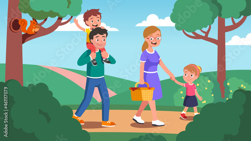 Mother, father, daughter, son kids walking in park