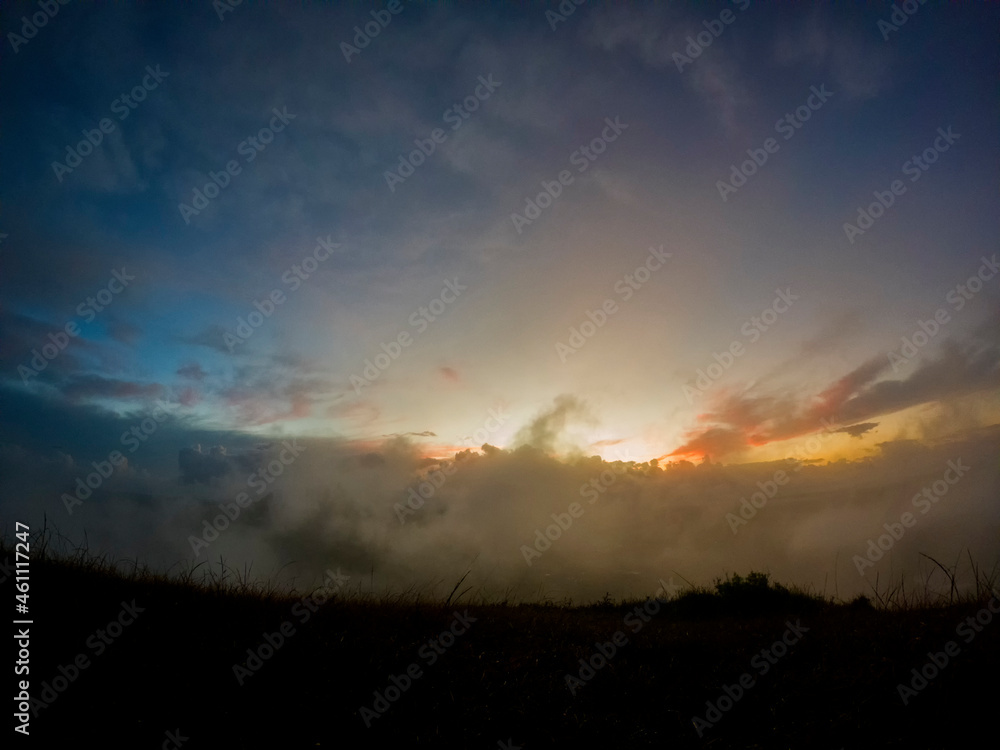 View of sunrise from top of 'Le Pouce' mountain located in Mauritius