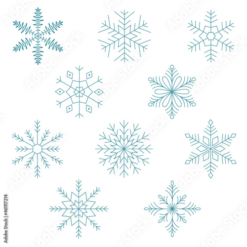 Blue snowflakes set. Icon logo design. Ice crystal winter symbol. Template for winter design. 