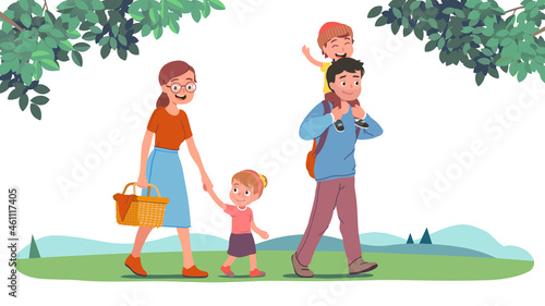Mother, father, daughter, son kids walking in park
