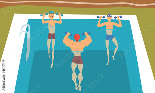 Young Man and Boy with Dumbbells in Swimming Pool Doing Physical Exercise Vector Set