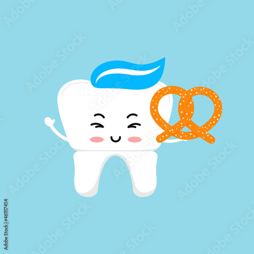 Octoberfest teeth with pretzel icon isolated. Dentist cute white tooth crown character with soft salty pretzel. Flat design cartoon vector clip art illustration.