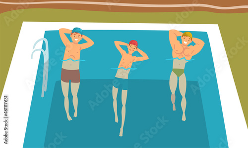 Young Man in Swimming Pool Doing Physical Exercise Vector Set