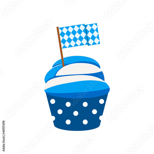 Oktoberfest cupcake wth tyrolean pattern flag - german fest food isolated on white background. Cute sweets food - icing muffin blue and white cap. Flat design cartoon dessert vector illustration.