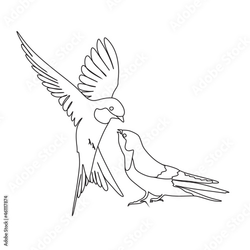 Swallow Tattoo  On White Background. Bird Icons vector one line drawing.