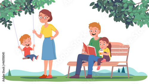 Mother, father, daughter, son kids walking in park