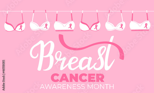 National Breast Cancer Awareness Month banner. Bras are hanging on a rope