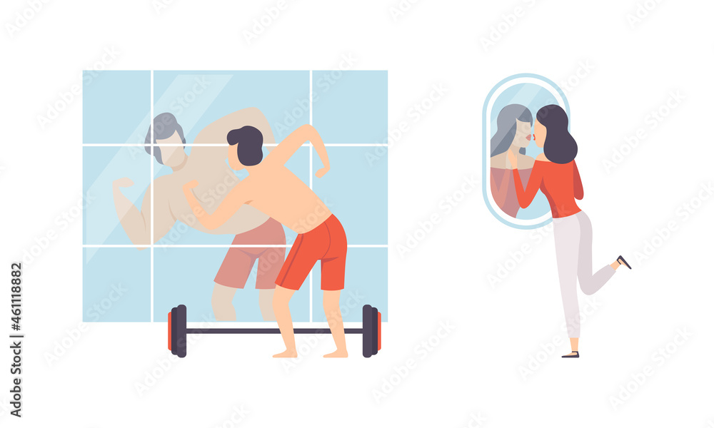 Fototapeta premium Narcissistic Man and Woman Character Looking in Mirror and Admiring of Themselves Vector Set