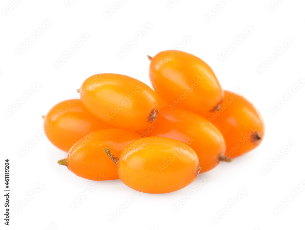 Fresh ripe sea buckthorn berries on white background Fresh ripe sea buckthorn berries on white background