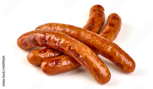 Roasted sausages, isolated on white background.