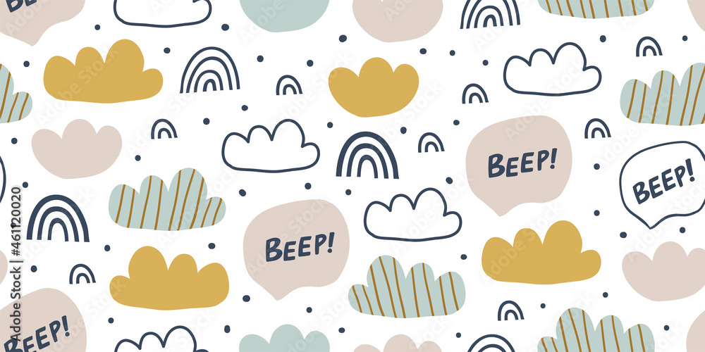 Kids hand drawn colorful seamless pattern with rainbows, clouds, beep sign. Scandinavian design. Print for babys design. Kids pattern Kids hand drawn colorful seamless pattern with rainbows, clouds, beep sign. Scandinavian design. Print for babys design. Kids pattern
