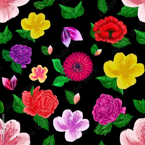Wallpaper Mural Seamless pattern with flowers on black background Torontodigital.ca