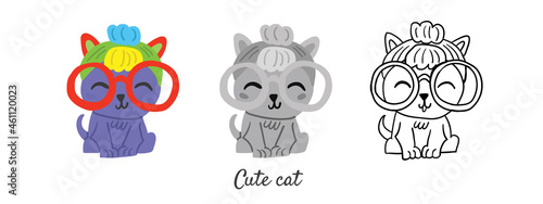 Canvas Print Vector set with cute cat character in colored style, black and white, outline isolated on white