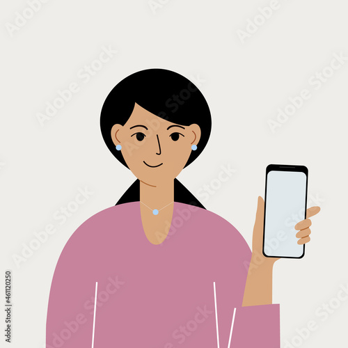 Joyful woman with mobile phone, front view. Taking pictures, reading, chatting. Smartphone and internet addiction.