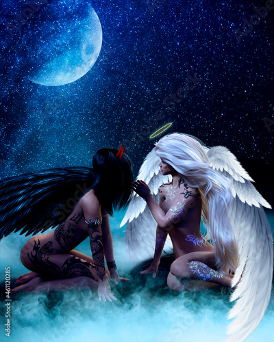 Girls demon and angel at night under the light of the moon. 3D illustration
