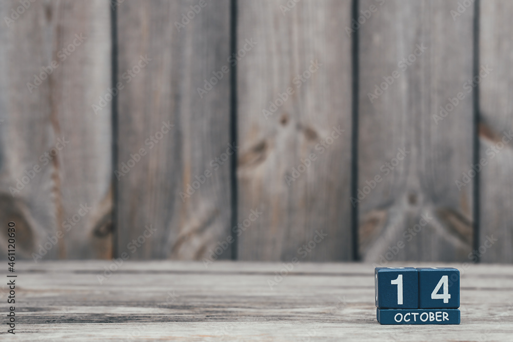 Date 14 october on blue cubes on loft style wooden eco background, calendar Date 14 october on blue cubes on loft style wooden eco background, calendar