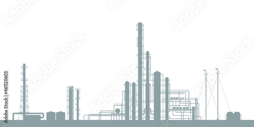 Gas processing plant. Oil refinery. Silhouette of an industrial landscape. Vector stock flat illustration of the oil industry isolated on a white background.