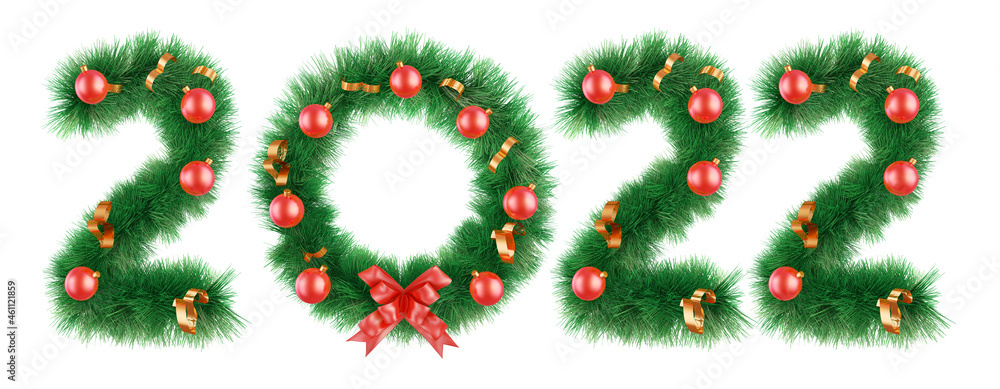 Christmas wreath of figures of twos and zero with ribbons and balls on a white background. 3d render. Christmas wreath of figures of twos and zero with ribbons and balls on a white background. 3d render.