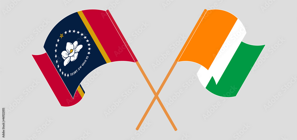 Crossed and waving flags of The State of Mississippi and Republic of Ivory Coast Crossed and waving flags of The State of Mississippi and Republic of Ivory Coast