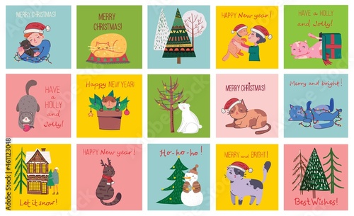 Fototapeta Naklejka Na Ścianę i Meble -  Vector set of winter Christmas trees and sun, snow, snowflake, bush, cats, people for Creating own New Year and Christmas illustration cards
